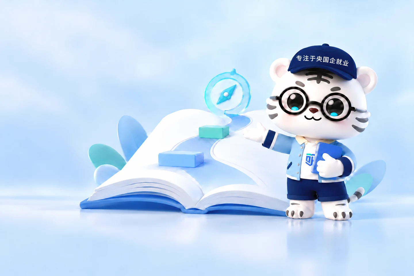 AI 小浩与展开的书本、学习阶梯和指南针,陪伴学员成长